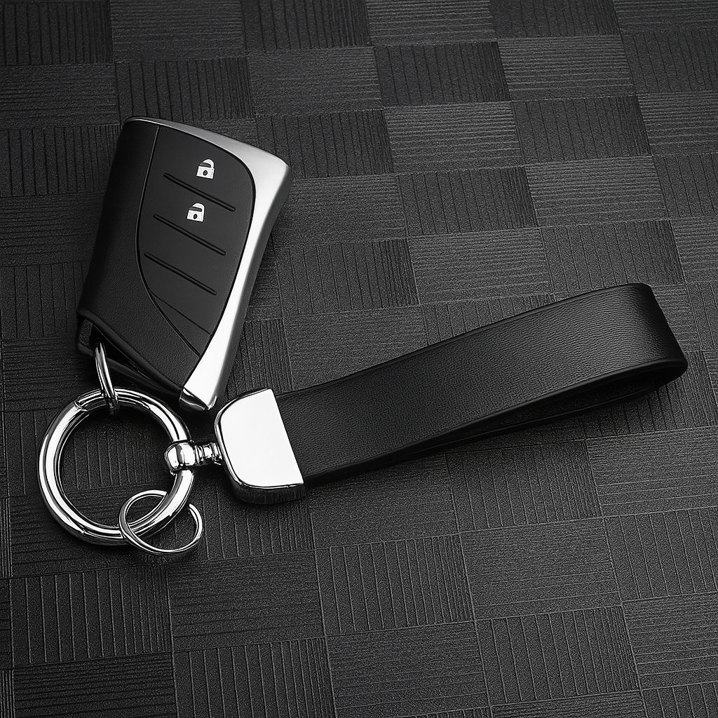 Clé de voiture noire posée sur une surface texturée, attachée à un porte-clés en cuir noir avec anneau métallique argenté