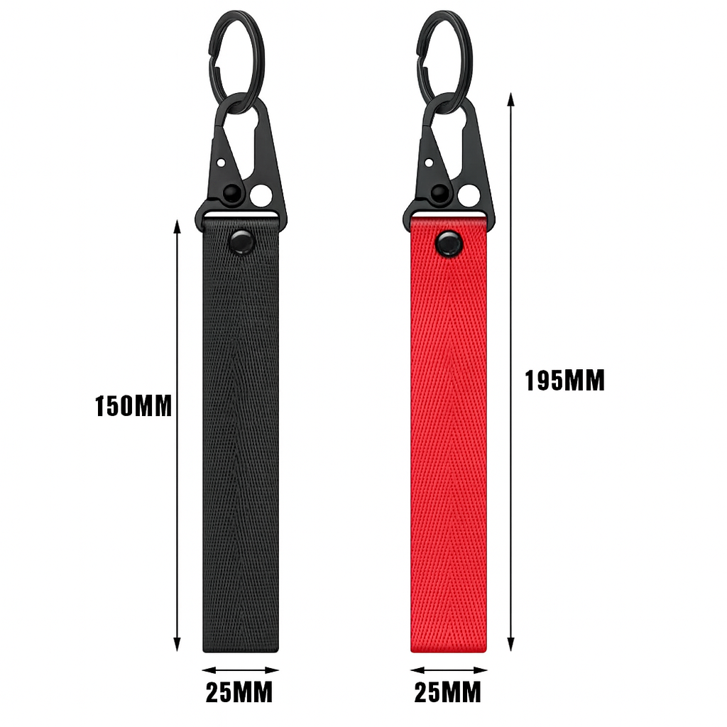 Deux porte-clés en tissu noir et rouge avec mousquetons noirs, présentés sur fond blanc