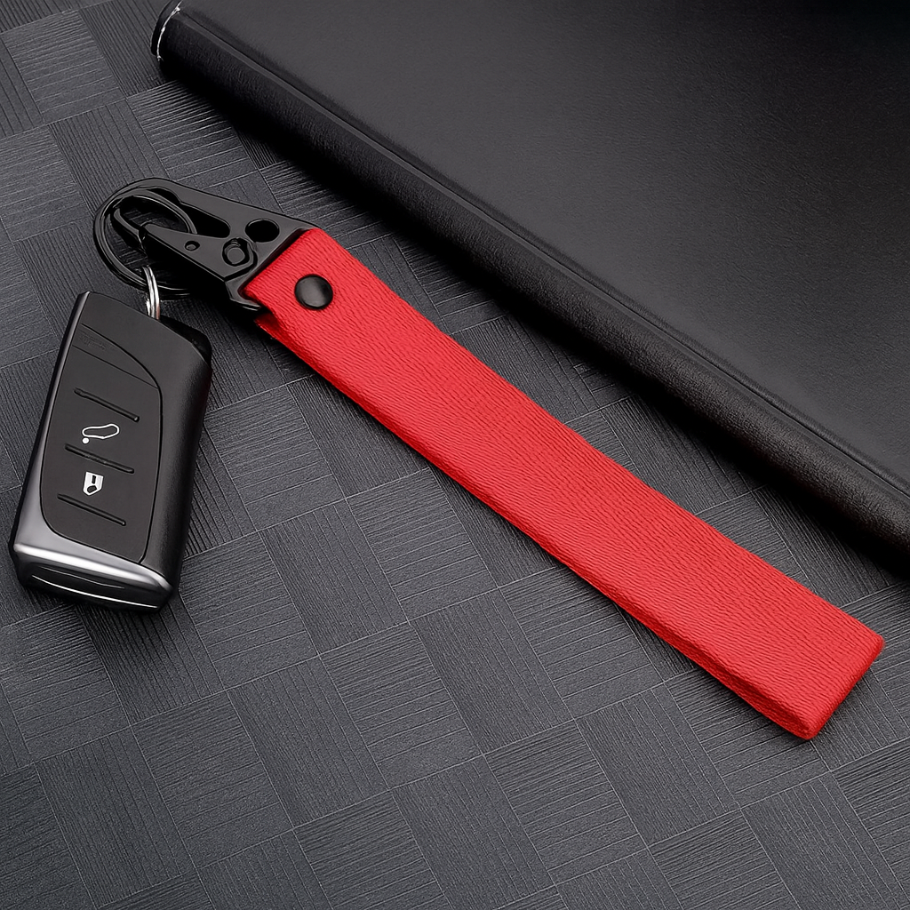 Porte-clés en tissu rouge avec mousqueton noir, attaché à une clé de voiture, posé sur fond sombre texturé