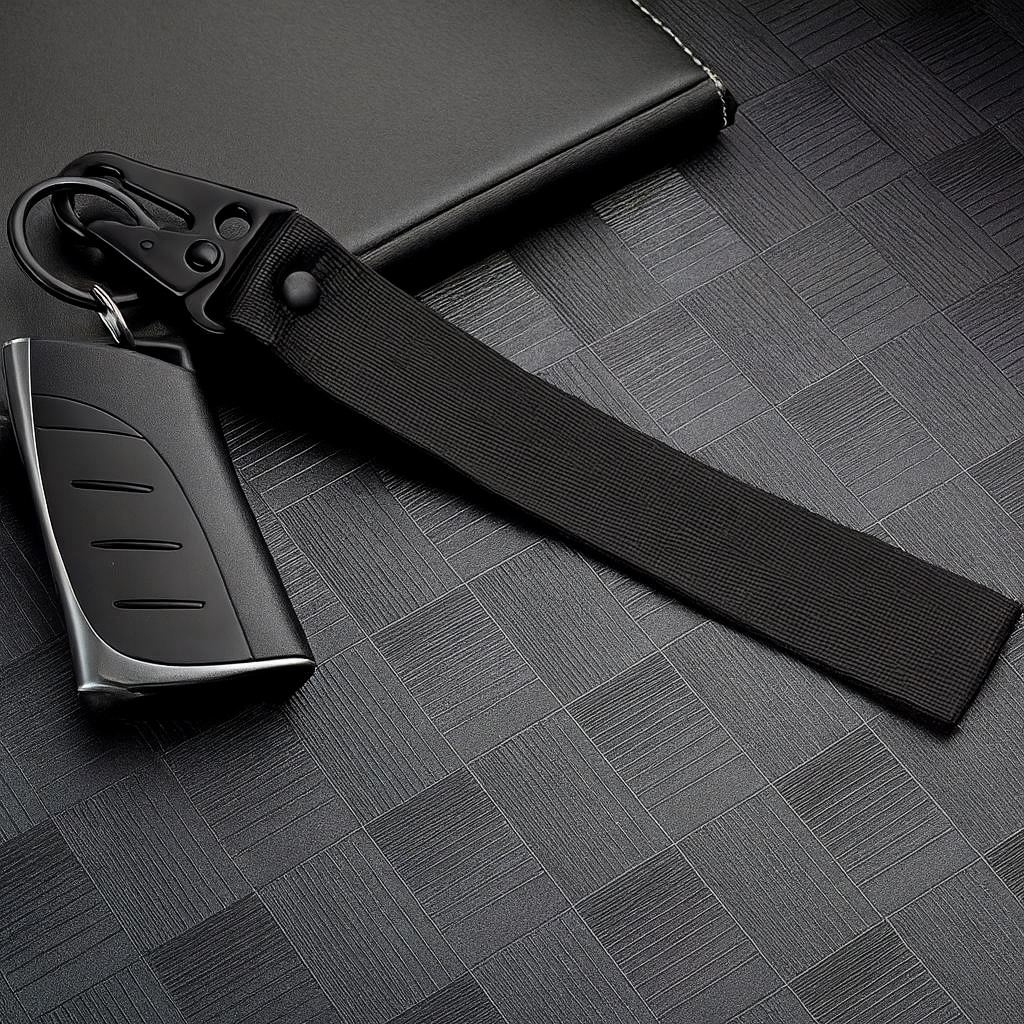 Porte-clés en tissu noir avec mousqueton, utilisé avec une clé de voiture