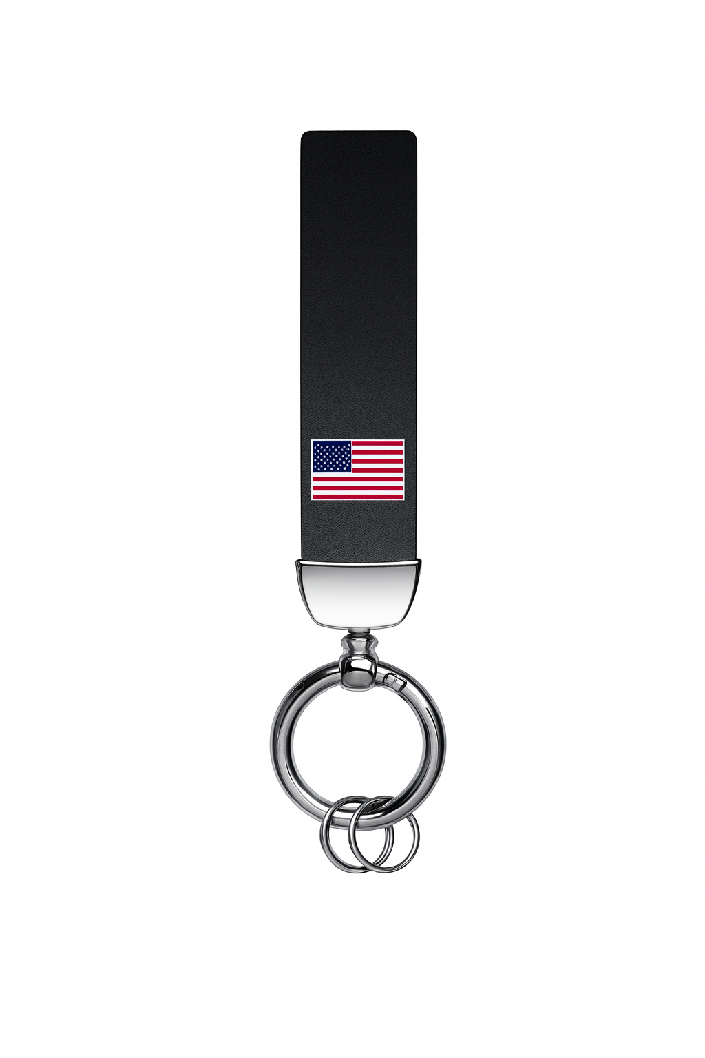 Porte-clés en cuir noir avec logo drapeau américain, anneau métallique robuste