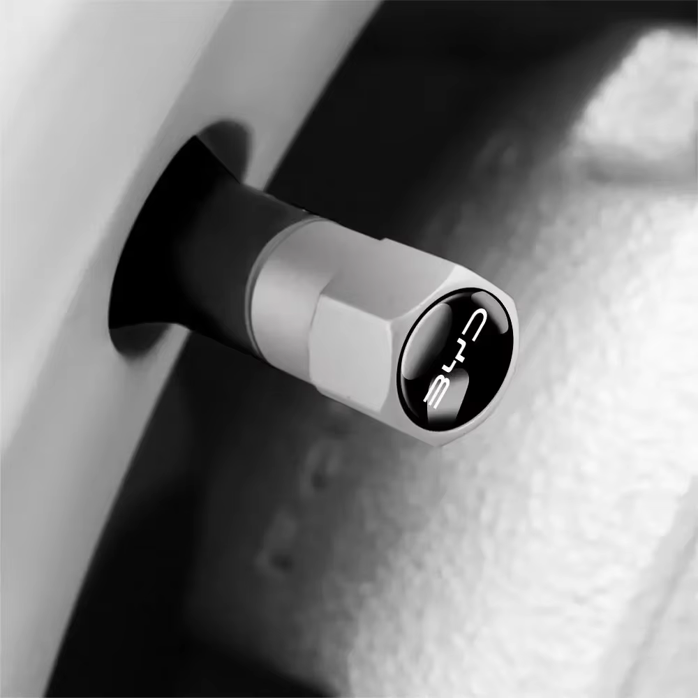 Bouchon de valve BYD argent monté sur une valve de roue