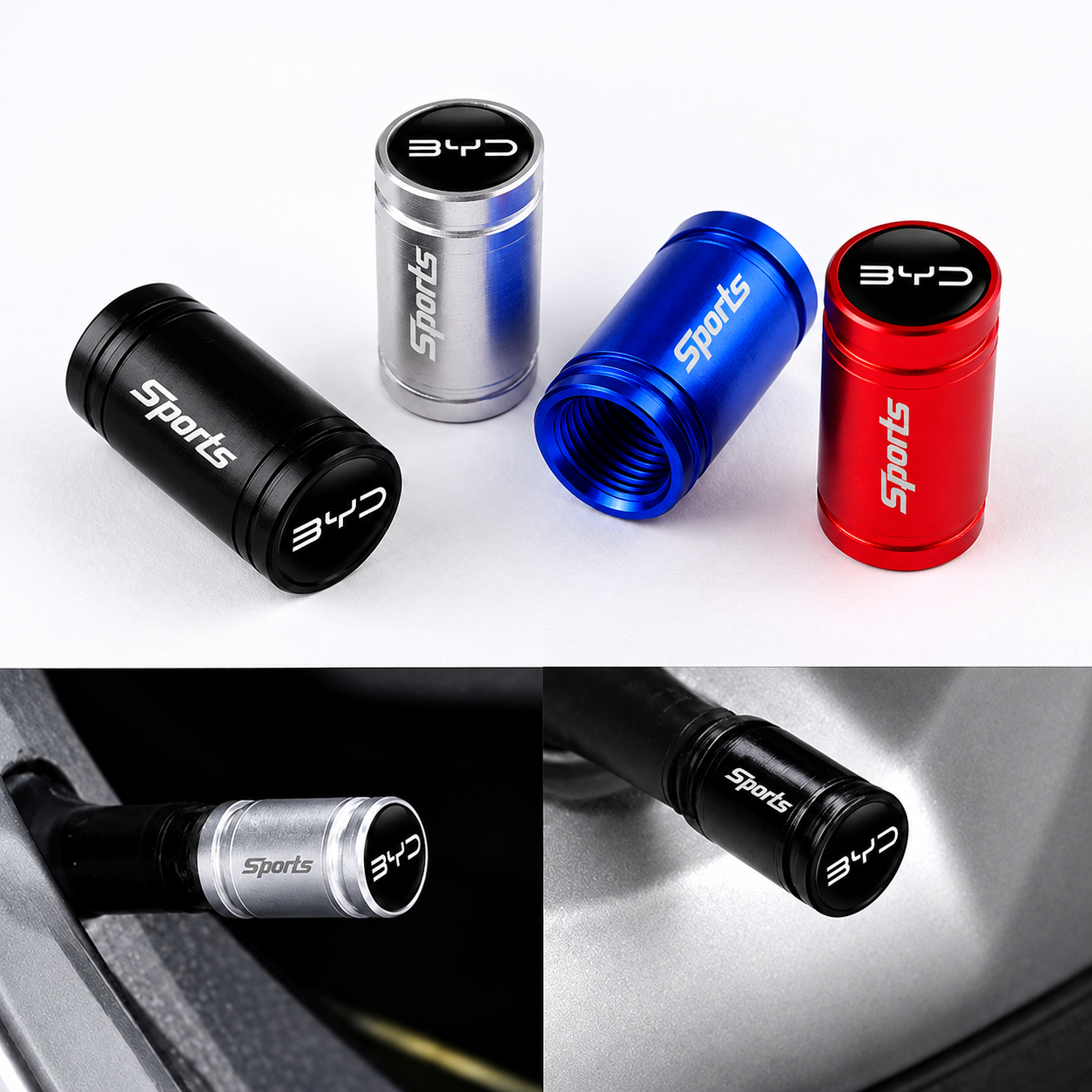 Bouchons de valve sport BYD en aluminium noir, bleu, rouge et argent avec aperçu monté sur jante
