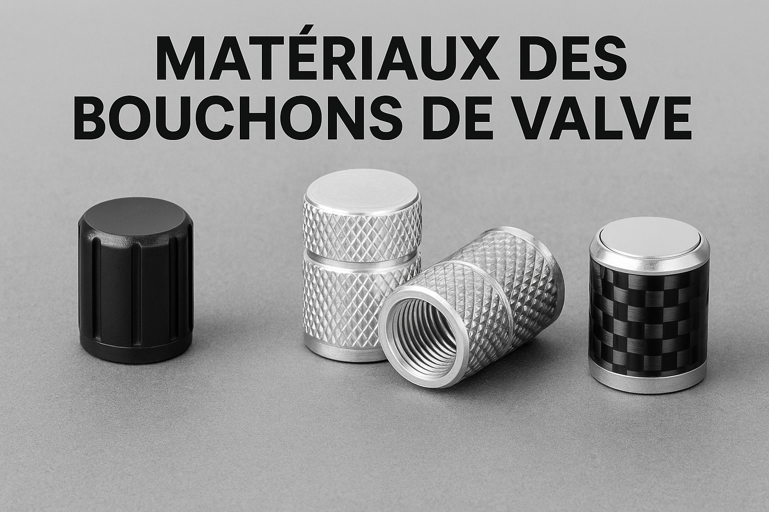 Comparaison visuelle de différents types de bouchons de valve en plastique, métal et aluminium
