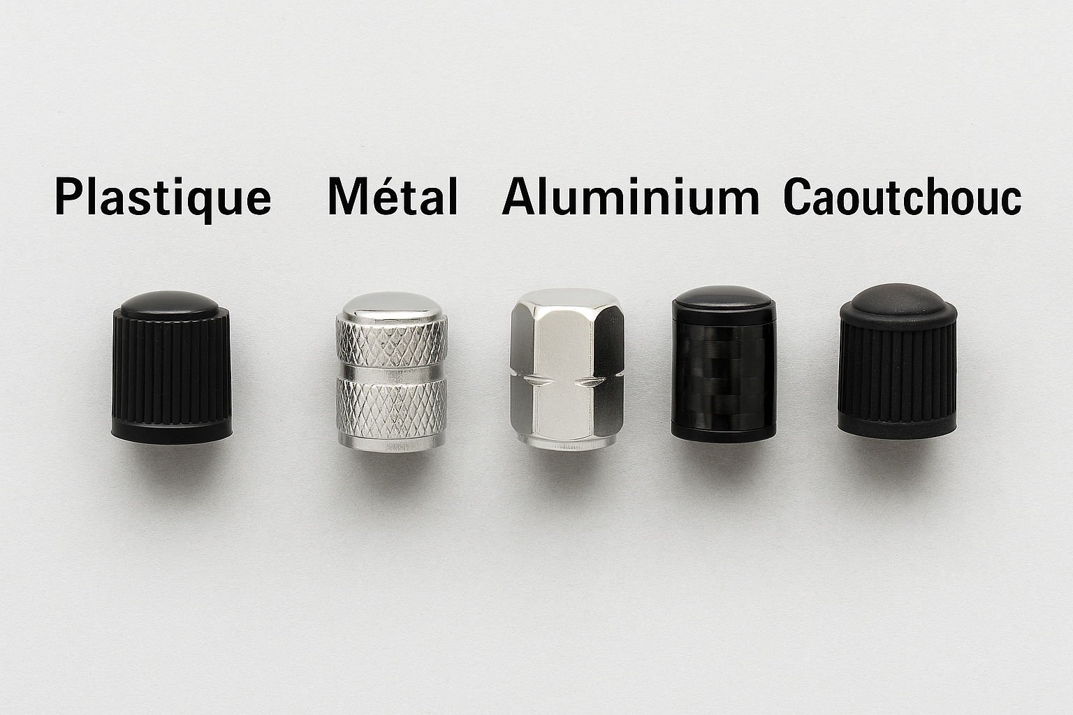 Comparaison visuelle de cinq bouchons de valve en plastique, métal, aluminium, carbone et caoutchouc