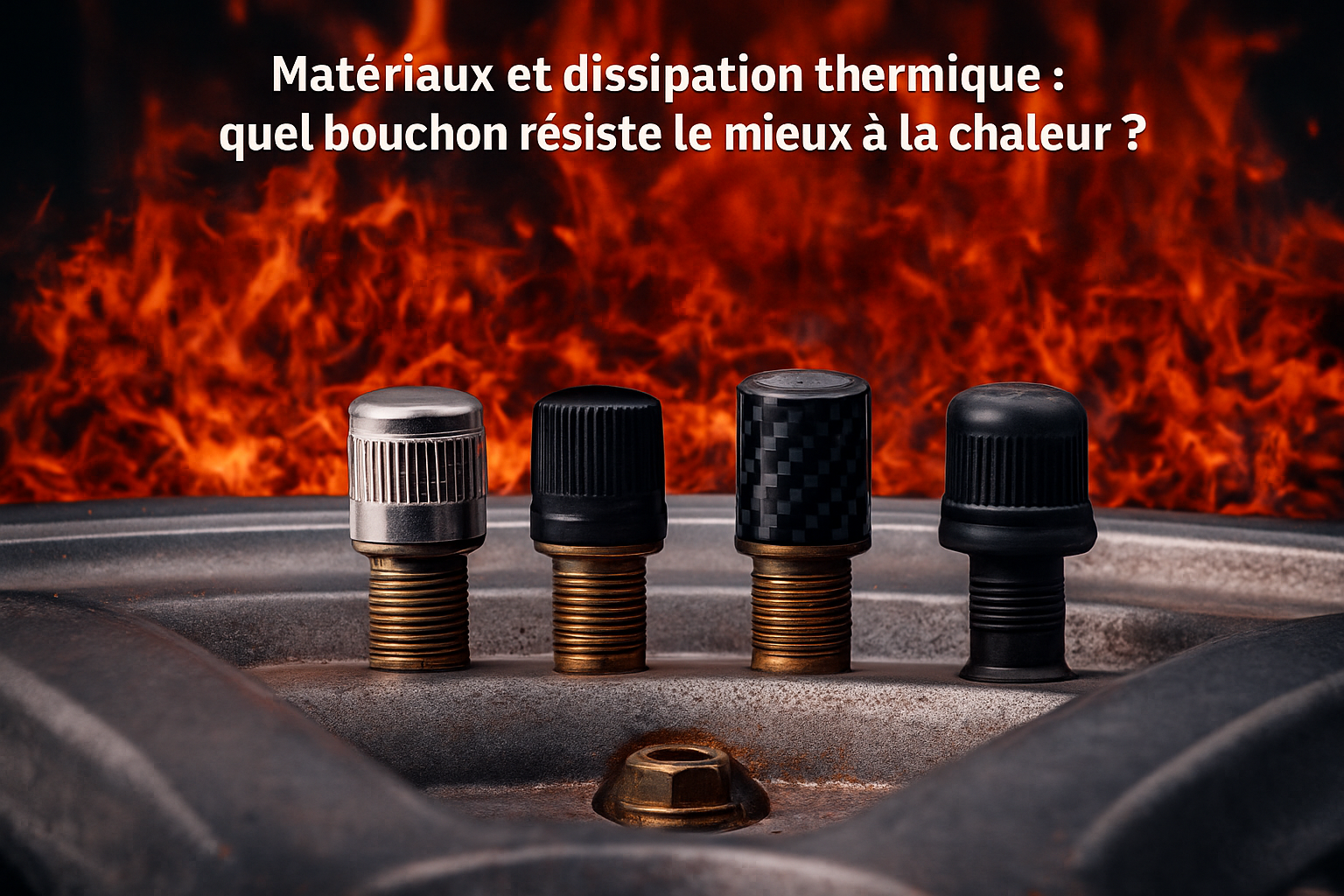 Bouchons de valve en différents matériaux exposés devant une roue