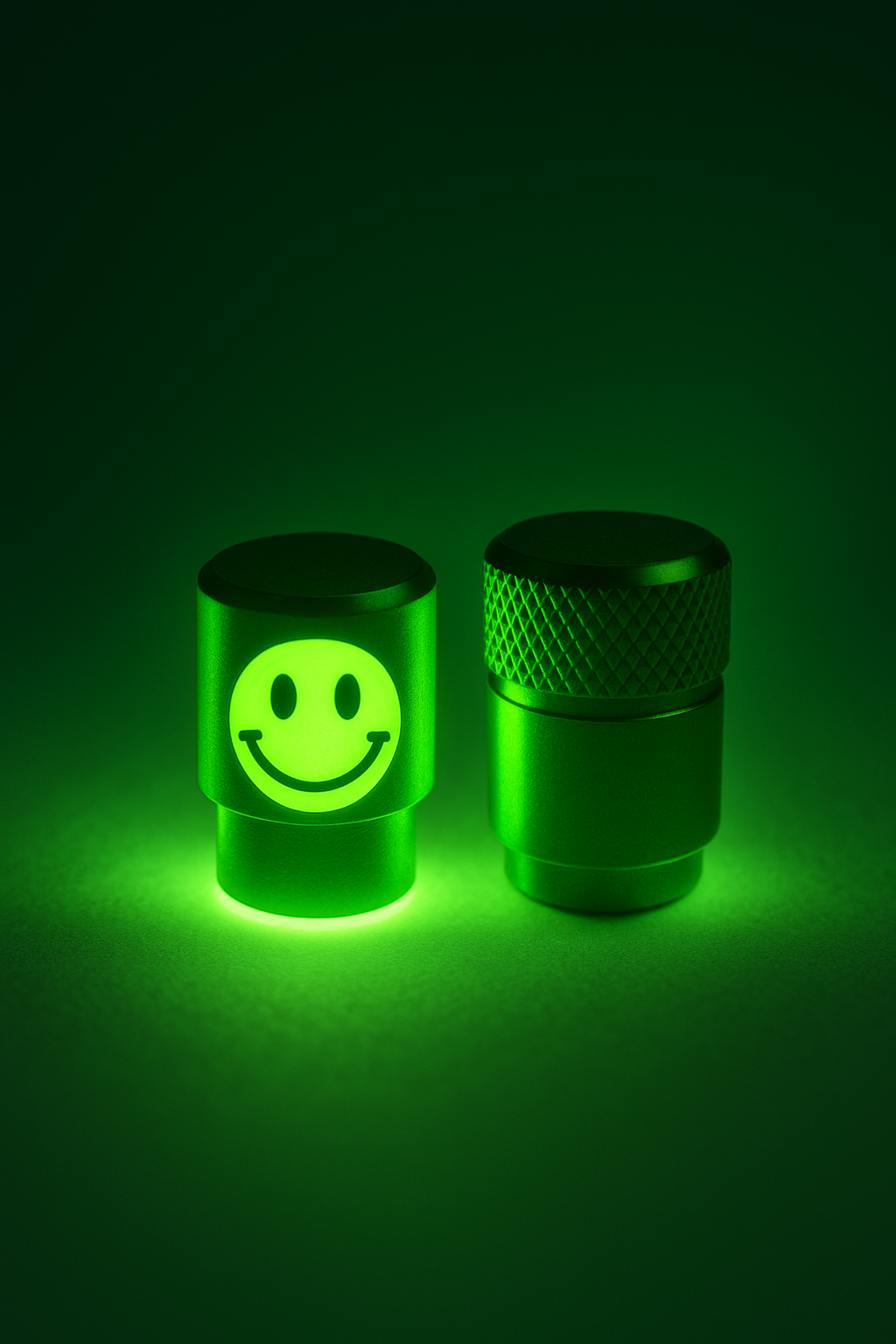 Deux bouchons de valve lumineux verts posés sur une surface sombre.