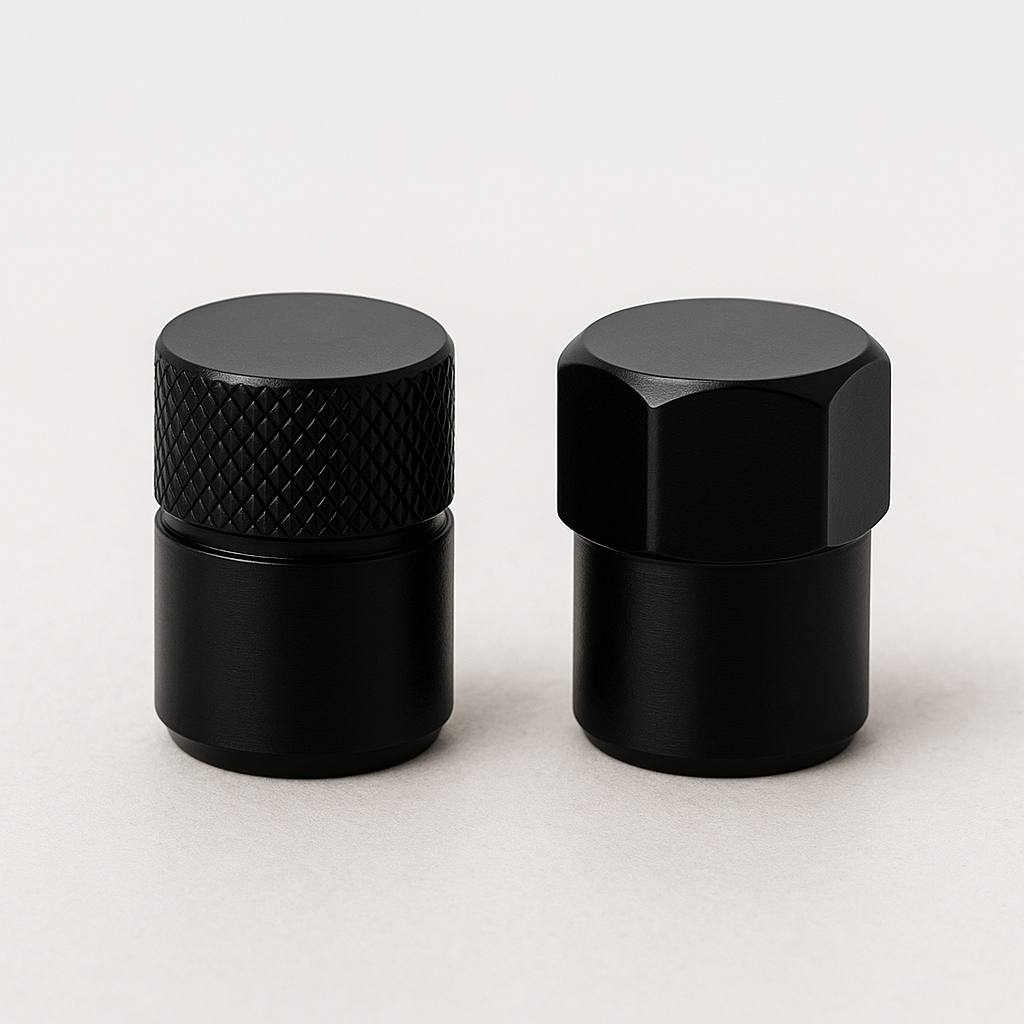 Deux bouchons de valve noirs en aluminium posés sur une surface claire.