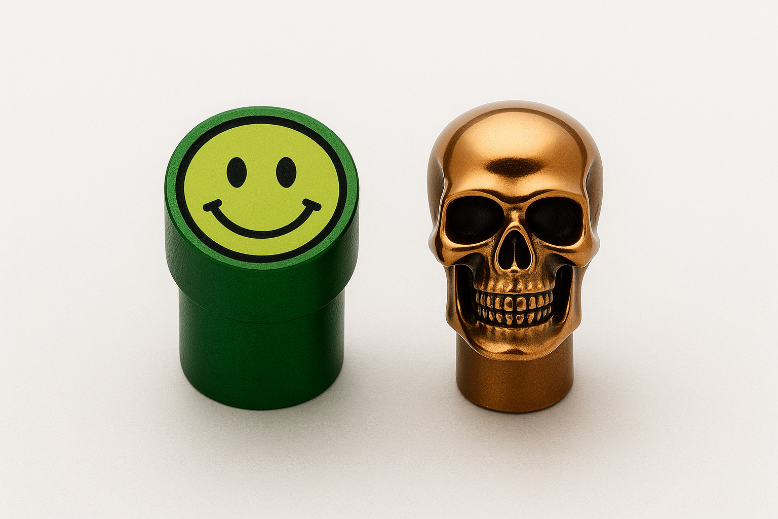 Deux bouchons de valve décoratifs, l’un vert avec un smiley et l’autre en forme de tête de mort cuivrée.