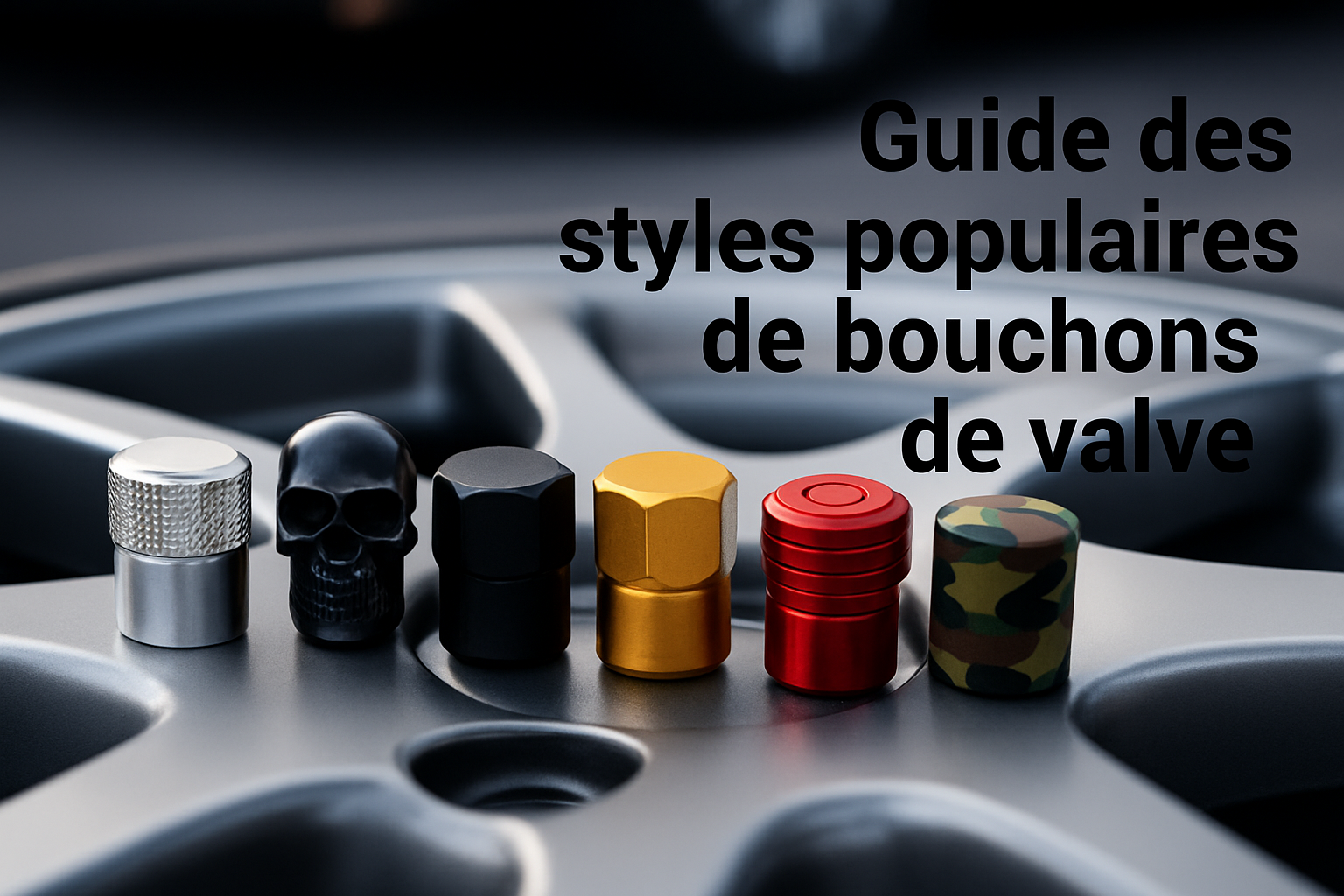 Six bouchons de valve de styles différents alignés sur une jante, avec un titre en arrière-plan.