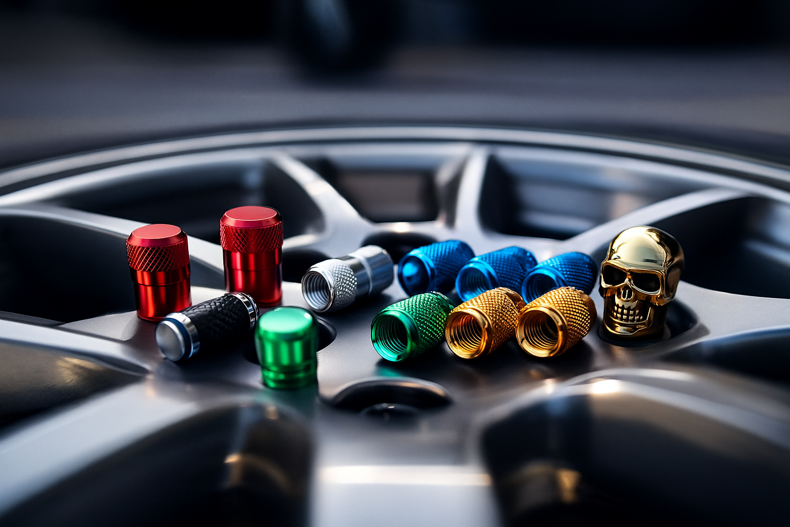 Bouchons de valve colorés posés sur une jante en aluminium.