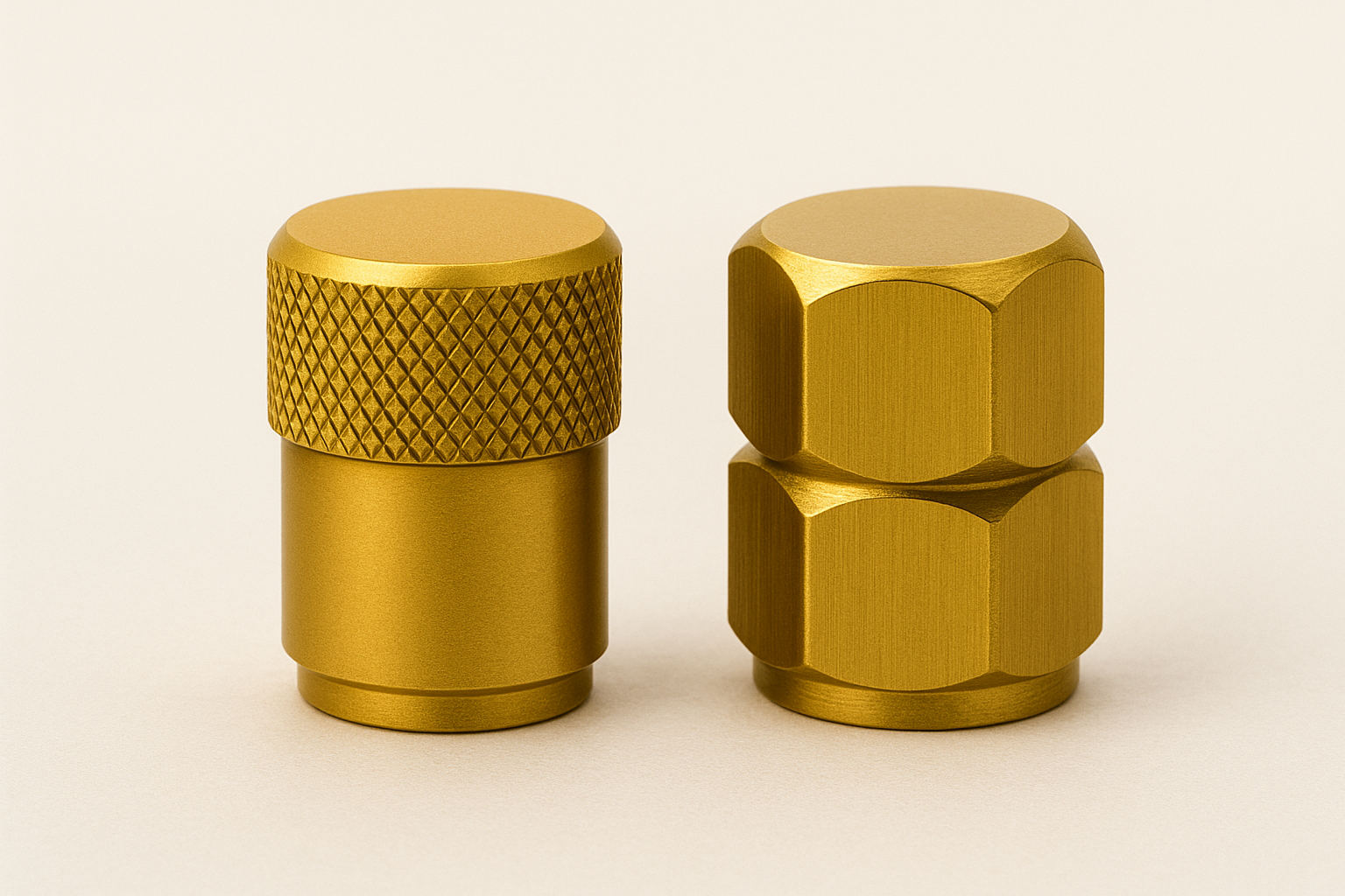 Deux bouchons de valve dorés posés sur une surface claire.