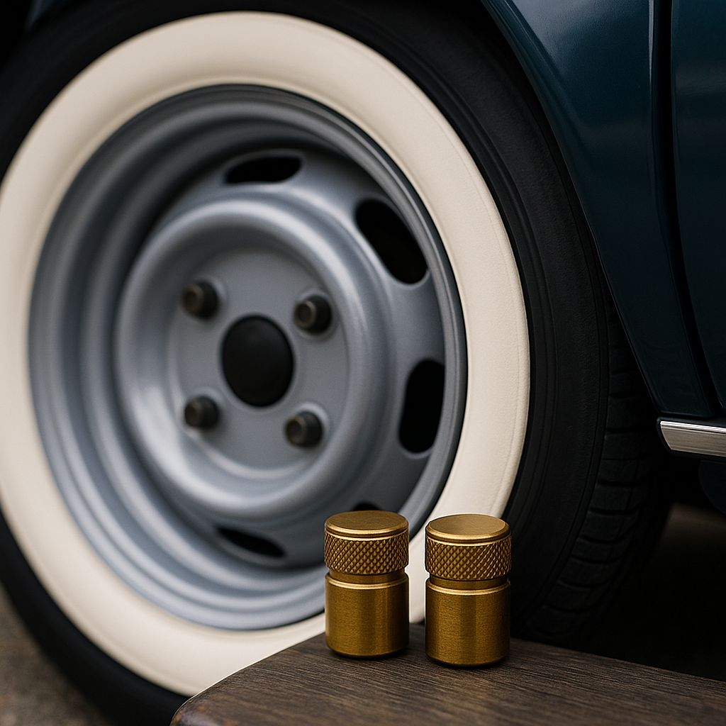 Deux bouchons de valve rétro en laiton posés près d’une roue à flancs blancs d’une voiture ancienne.