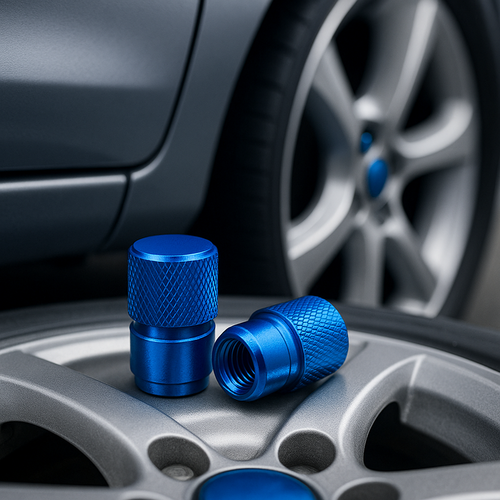 Deux bouchons de valve bleus posés sur une jante en aluminium.