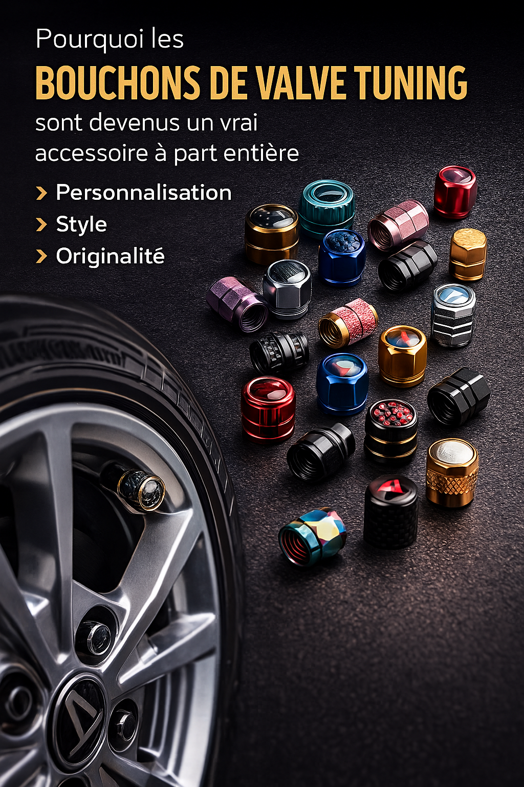 Sélection de bouchons de valve colorés posés près d’une roue en alliage.