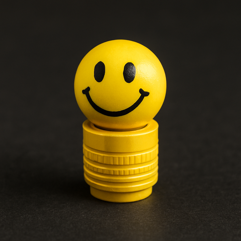 Un bouchon de valve jaune en forme de smiley posé sur fond sombre.