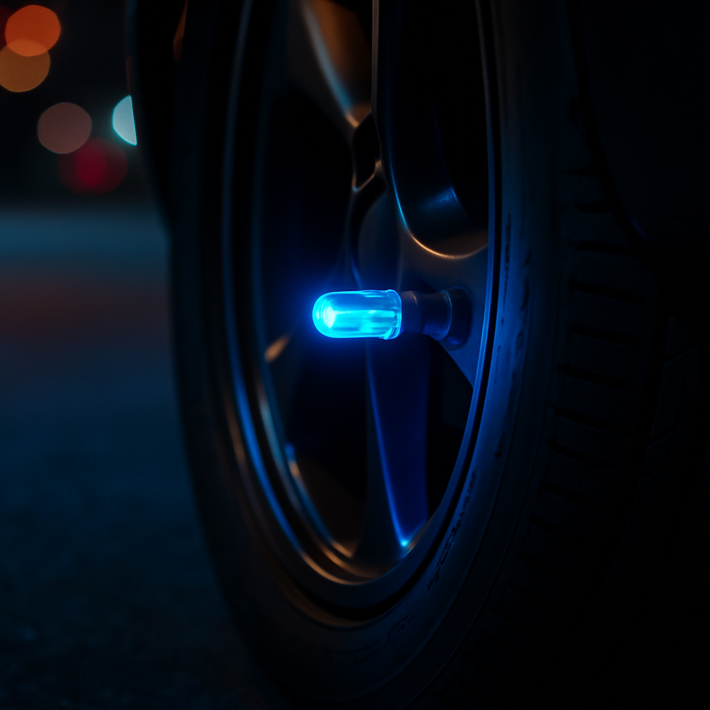 Un bouchon de valve lumineux bleu fixé sur une roue dans une scène nocturne.