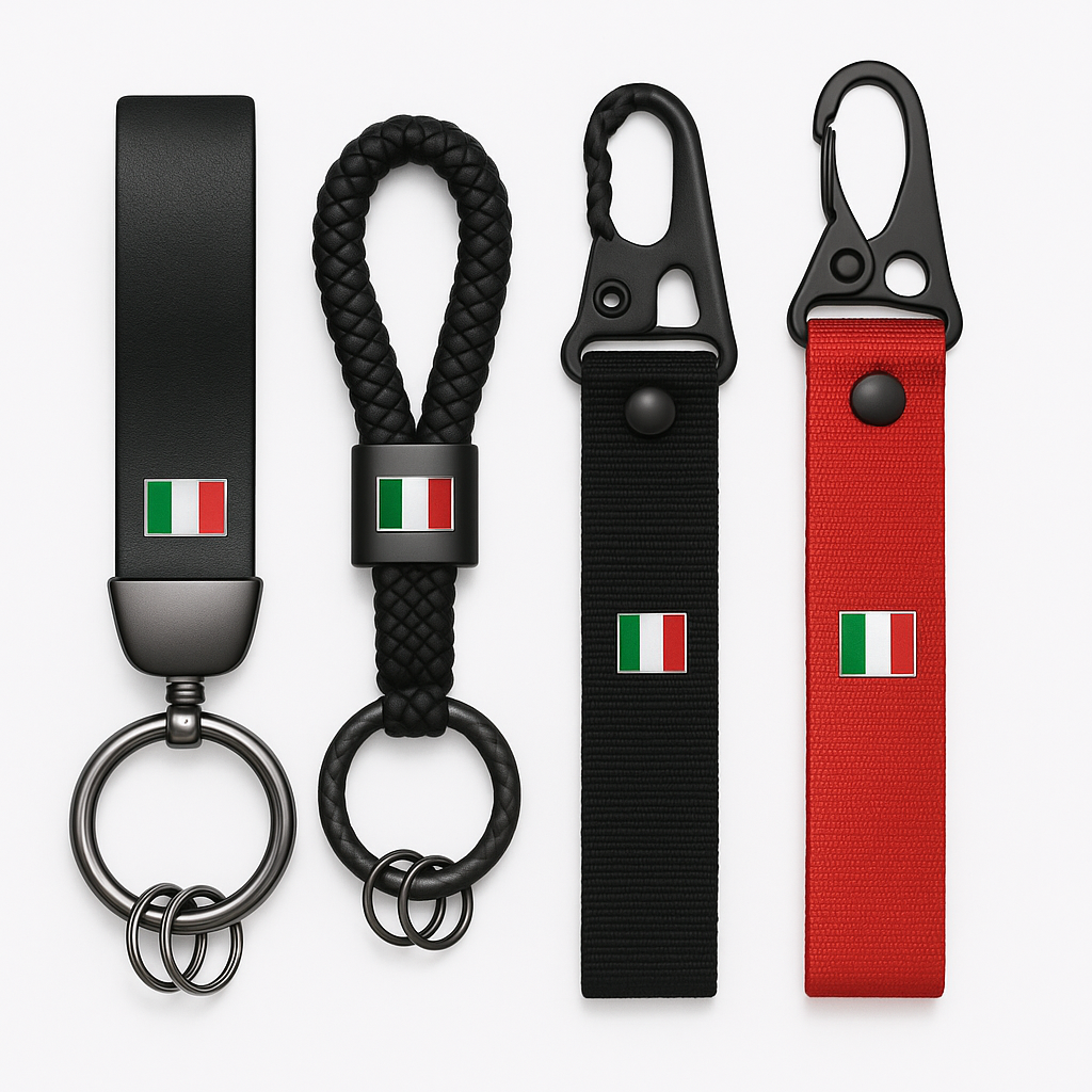 Porte-clés noirs et rouges au style automobile italien, avec anneaux métalliques et drapeaux italiens