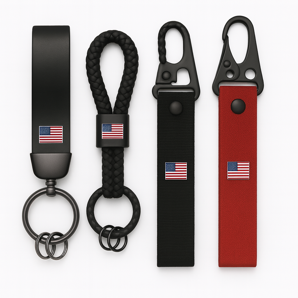 Porte-clés noirs et rouges au style automobile, présentés sur fond blanc, chacun décoré d’un drapeau américain