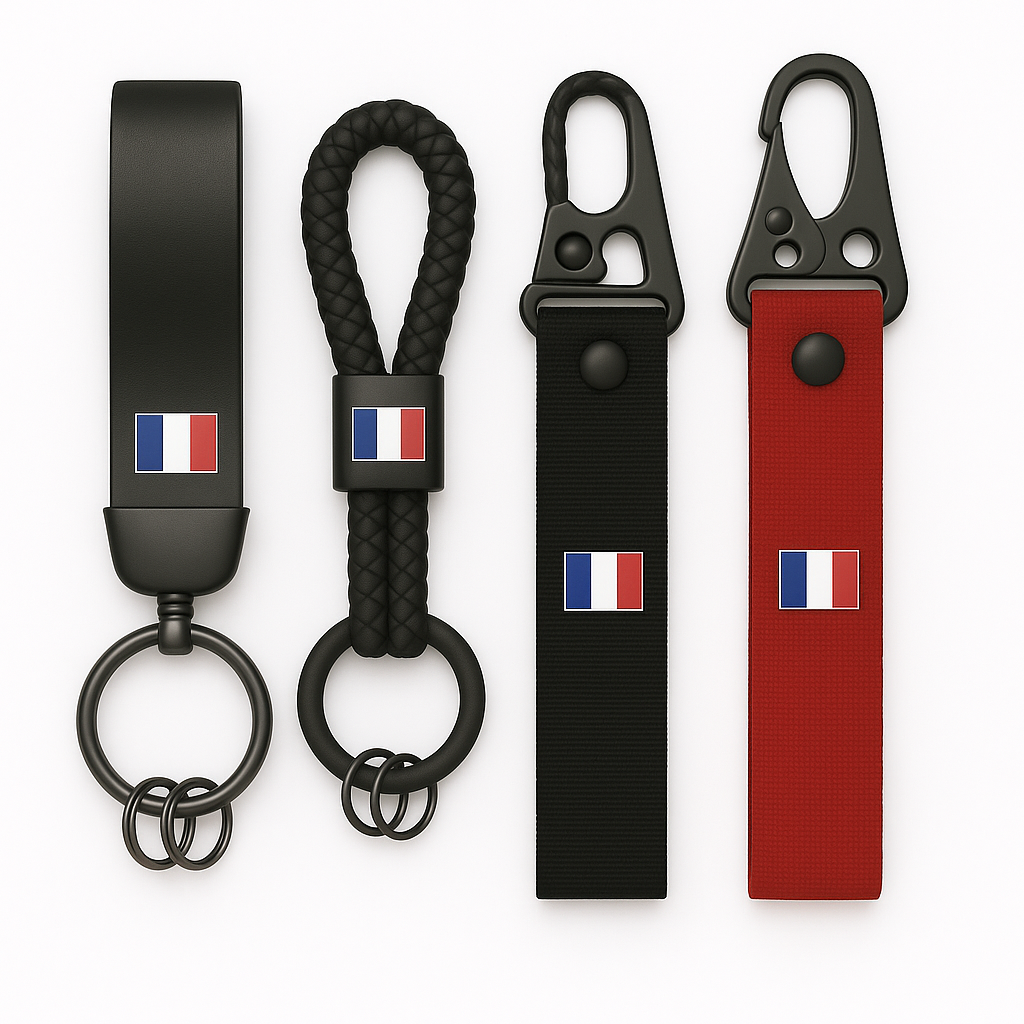 Porte-clés noirs et rouges alignés sur fond blanc, chacun décoré d’un petit drapeau français et dotés d’attaches métalliques variées