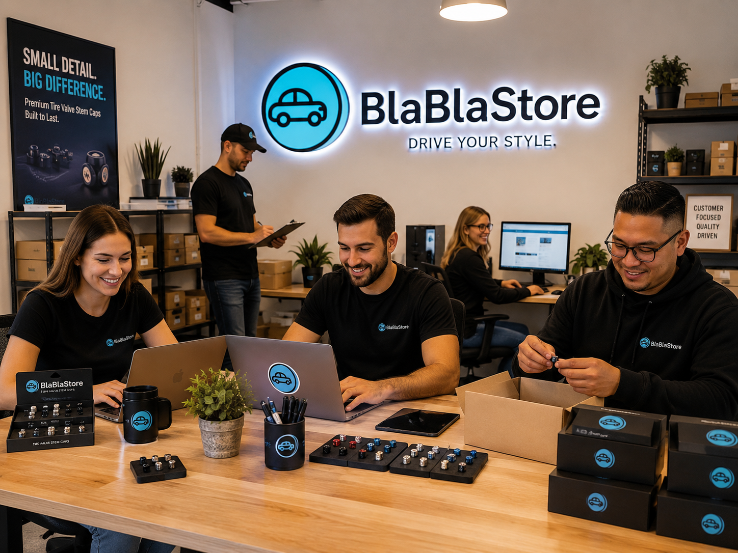 Bureau BlaBlaStore en France avec équipe préparant des bouchons de valve voiture