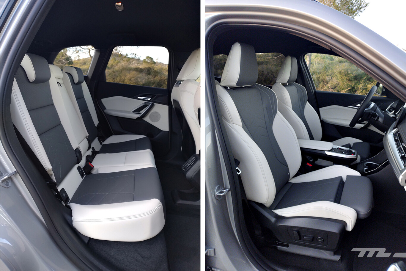 Habitacle du BMW iX1 avec sièges avant et banquette arrière bicolores
