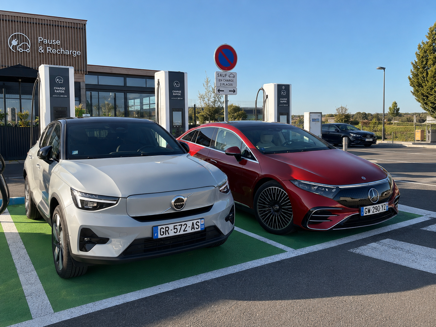 Volvo électrique blanche et Mercedes électrique rouge sur une station de recharge en France