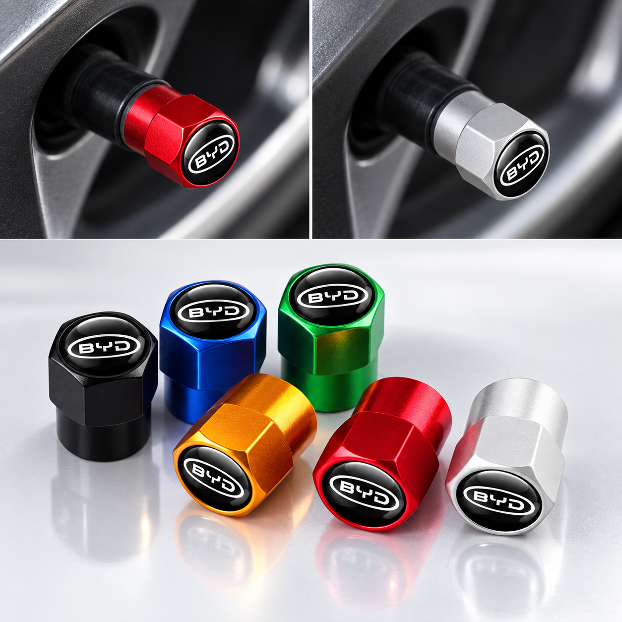 Bouchons de valve BYD standard en aluminium, noir, bleu, vert, rouge, doré et argent, avec aperçu monté sur jante