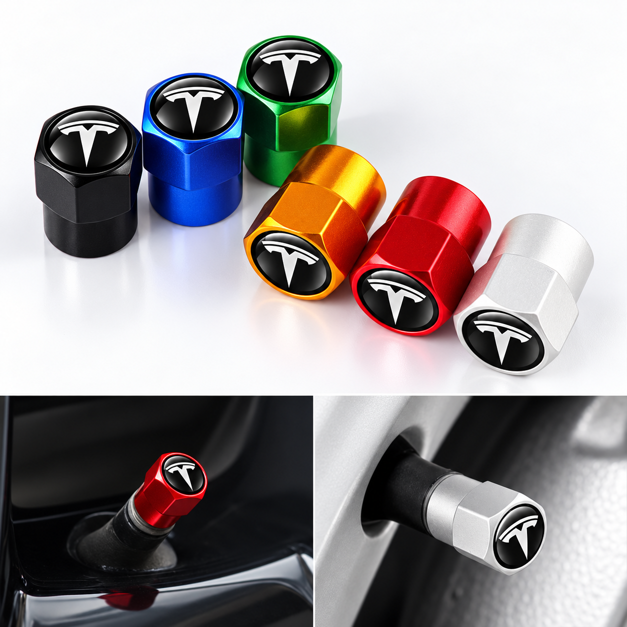 Bouchons de valve Tesla en aluminium, noir, bleu, vert, doré, rouge et argent, avec aperçu monté sur jante