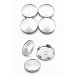 Cache-moyeu universel argenté 60 mm vu sous plusieurs angles, face avant, profil et fixation arrière (lot de 4)