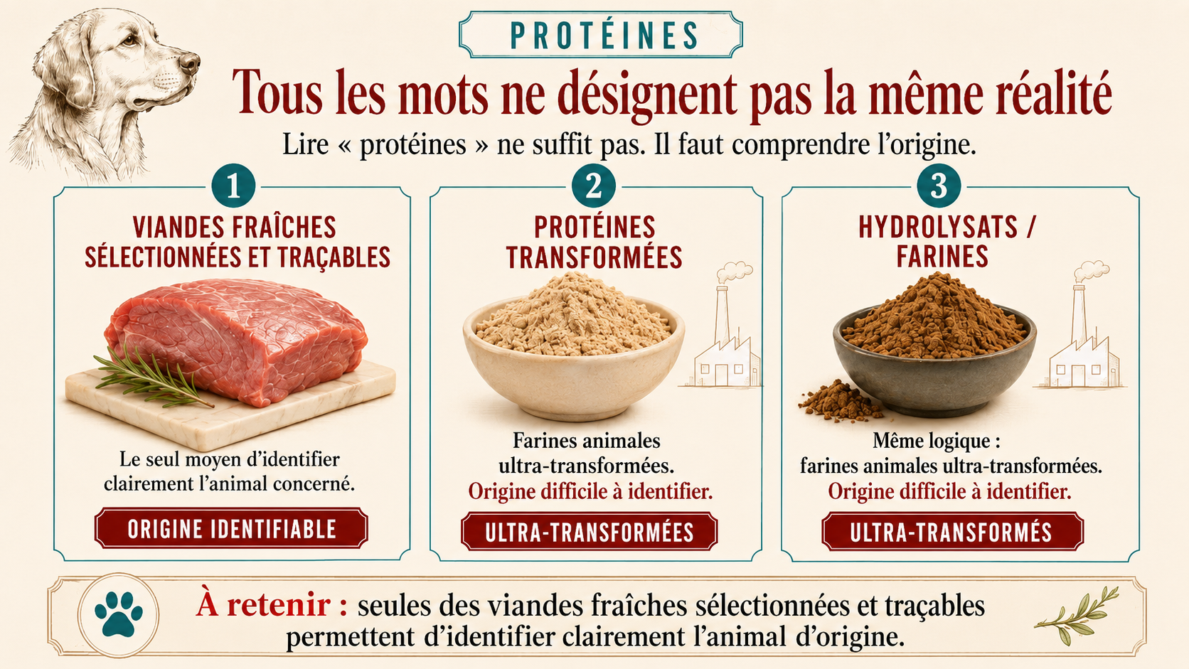 Infographie expliquant la différence entre viande clairement identifiée, protéines hydrolysées, farines animales et sous-produits