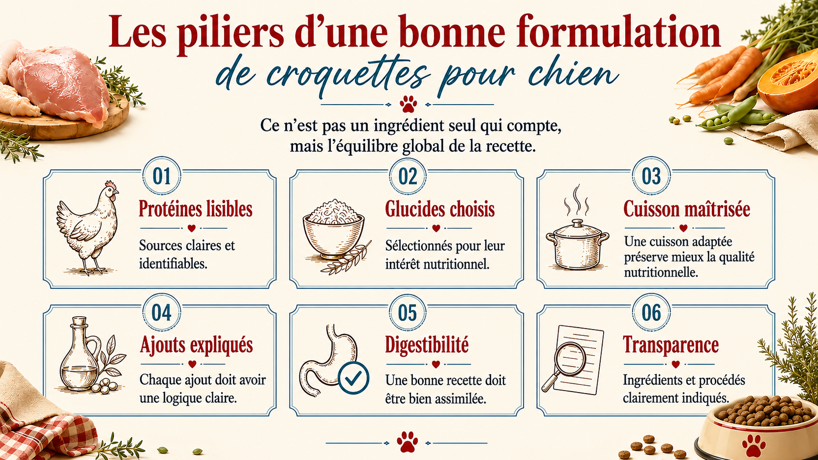 Infographie présentant les piliers d’une bonne formulation de croquettes pour chien : protéines lisibles, glucides choisis, cuisson maîtrisée, ajouts expliqués, digestibilité et transparence