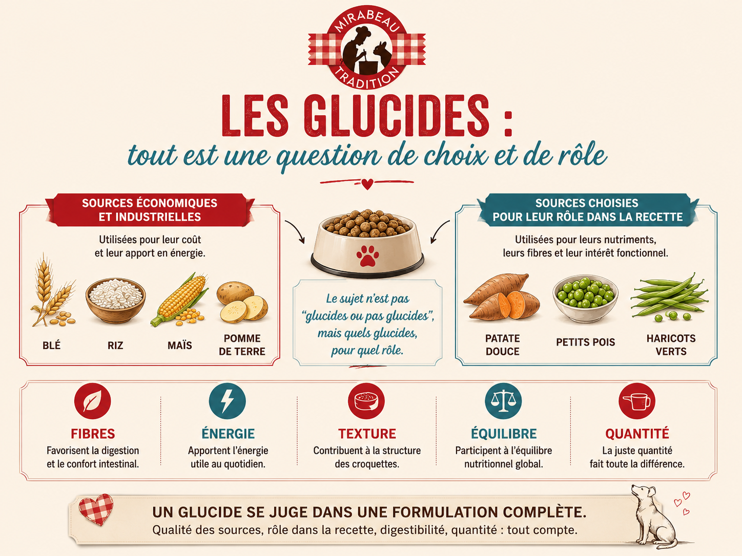 Tableau visuel comparant les sources de glucides dans les croquettes pour chien et leur rôle dans la formulation
