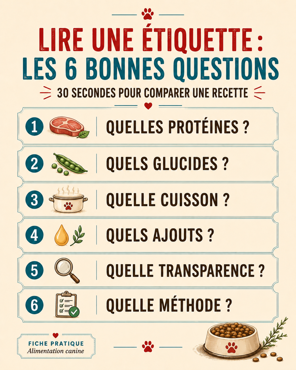 Checklist visuelle pour lire une étiquette de croquettes et comparer protéines, glucides, cuisson, ajouts et transparence