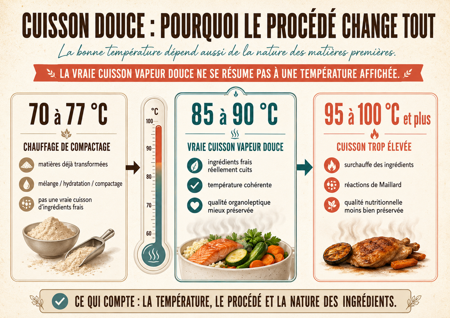 Infographie expliquant la vraie cuisson vapeur douce des croquettes pour chien entre 70 à 77 °C, 85 à 90 °C et 95 à 100 °C