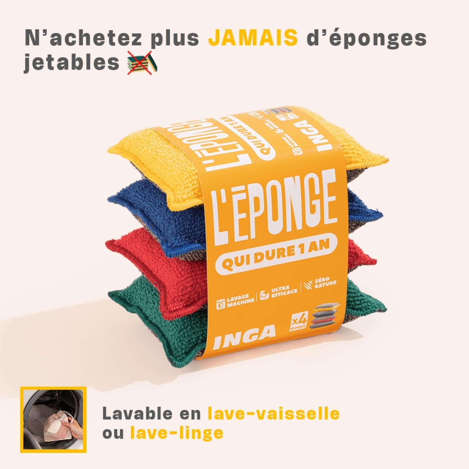 BRAUME - Lot De 4 Éponges Réutilisables Lavables En Machine - Non Rayantes - Filet Inclus - Zéro Déchet - Durée 1 An