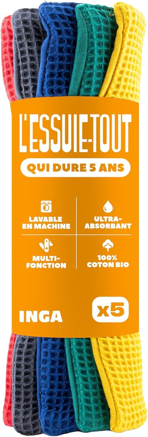 5 Essuie-tout lavables et écologiques 100% coton bio