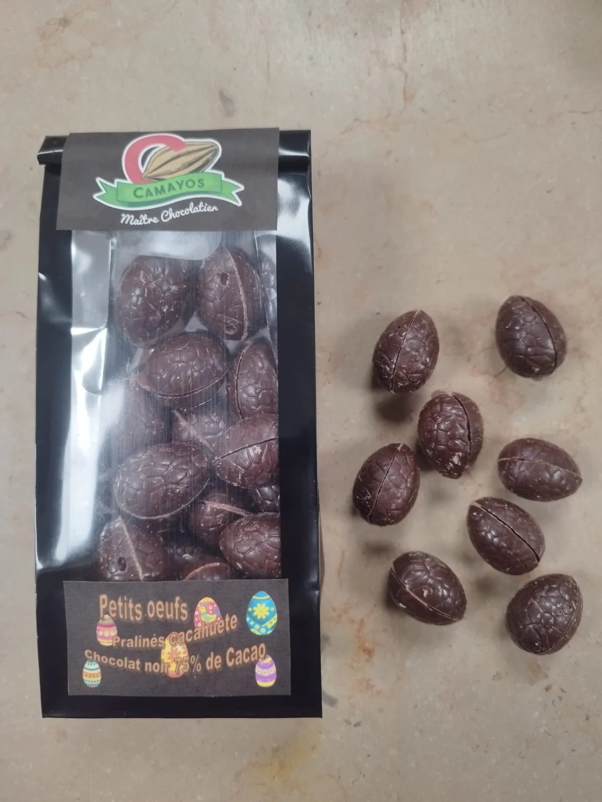 Les Petits œufs pralinés cacahuète au chocolat noir 75% - Camayos
