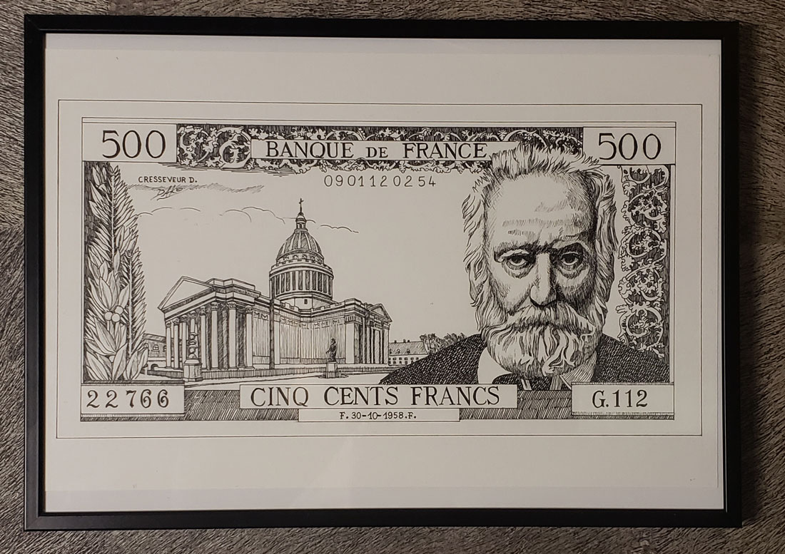 Dessin original du billet 500F Victor Hugo