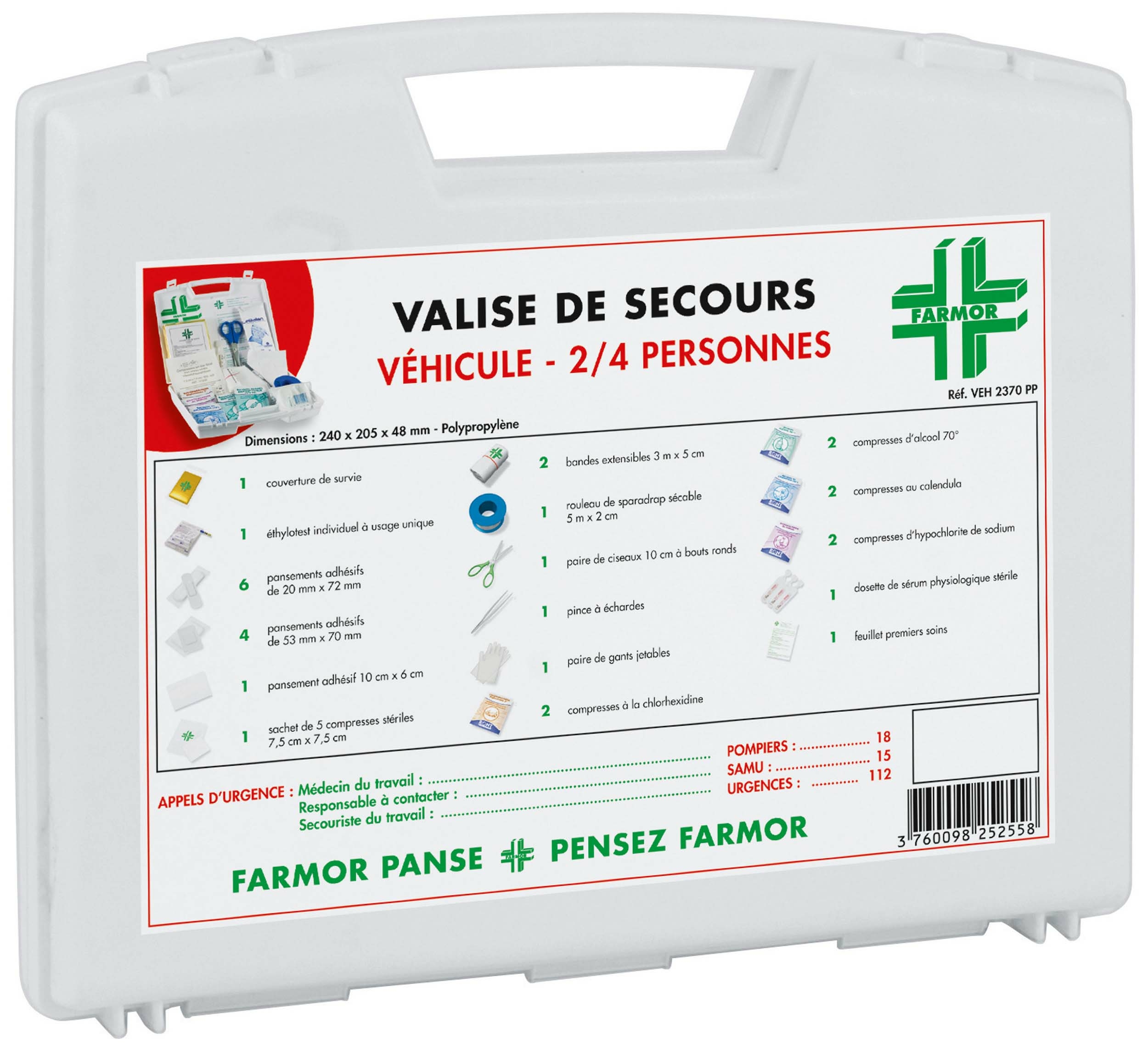 phare sante valise de secours 2-4 personnes pour véhicule voiture camion fermée avec descriptif contenu sur le dessus