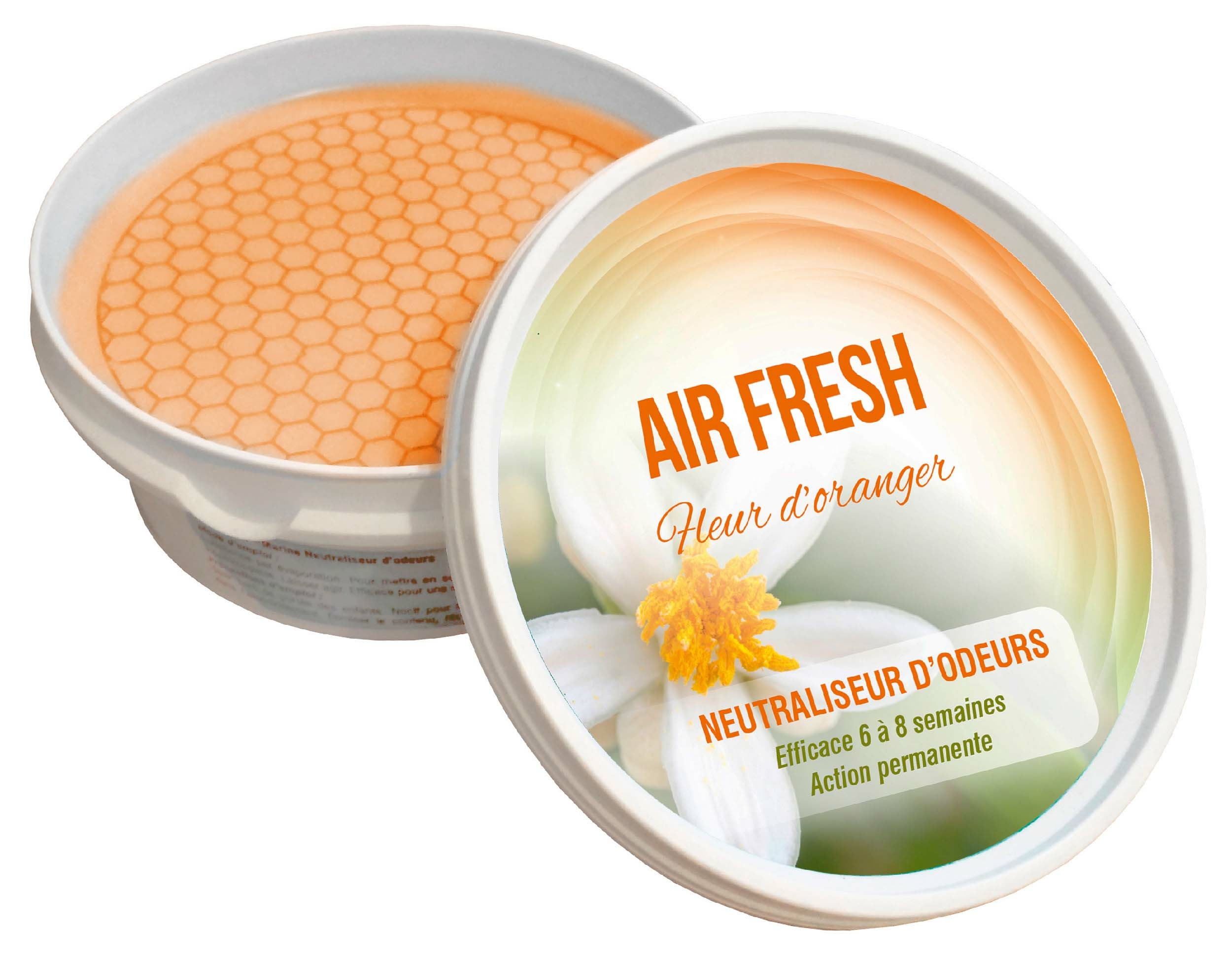 Neutraliseur AIR FRESH fleur doranger élimine les mauvaises odeurs, laisse un parfum frais. Idéal pour cabinets médicaux, espaces bien-être ou véhicules pro-boite ouverte