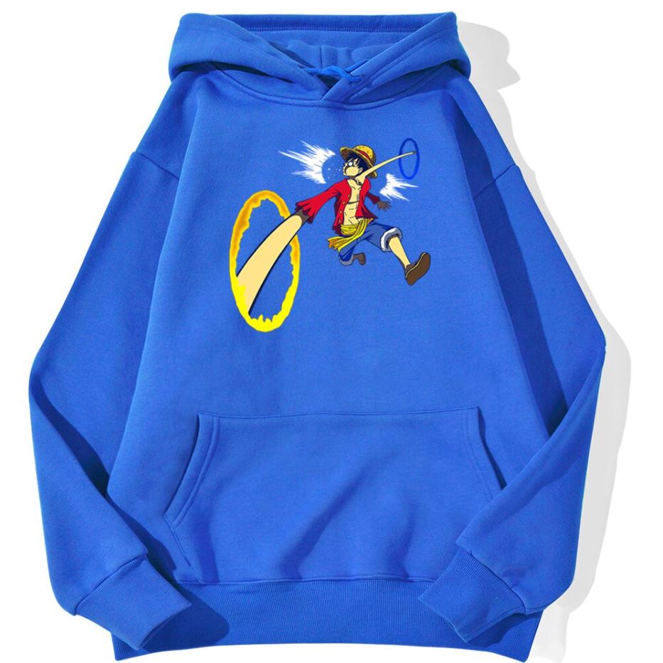 sweatshirt hoodie one piece luffy punch bleu