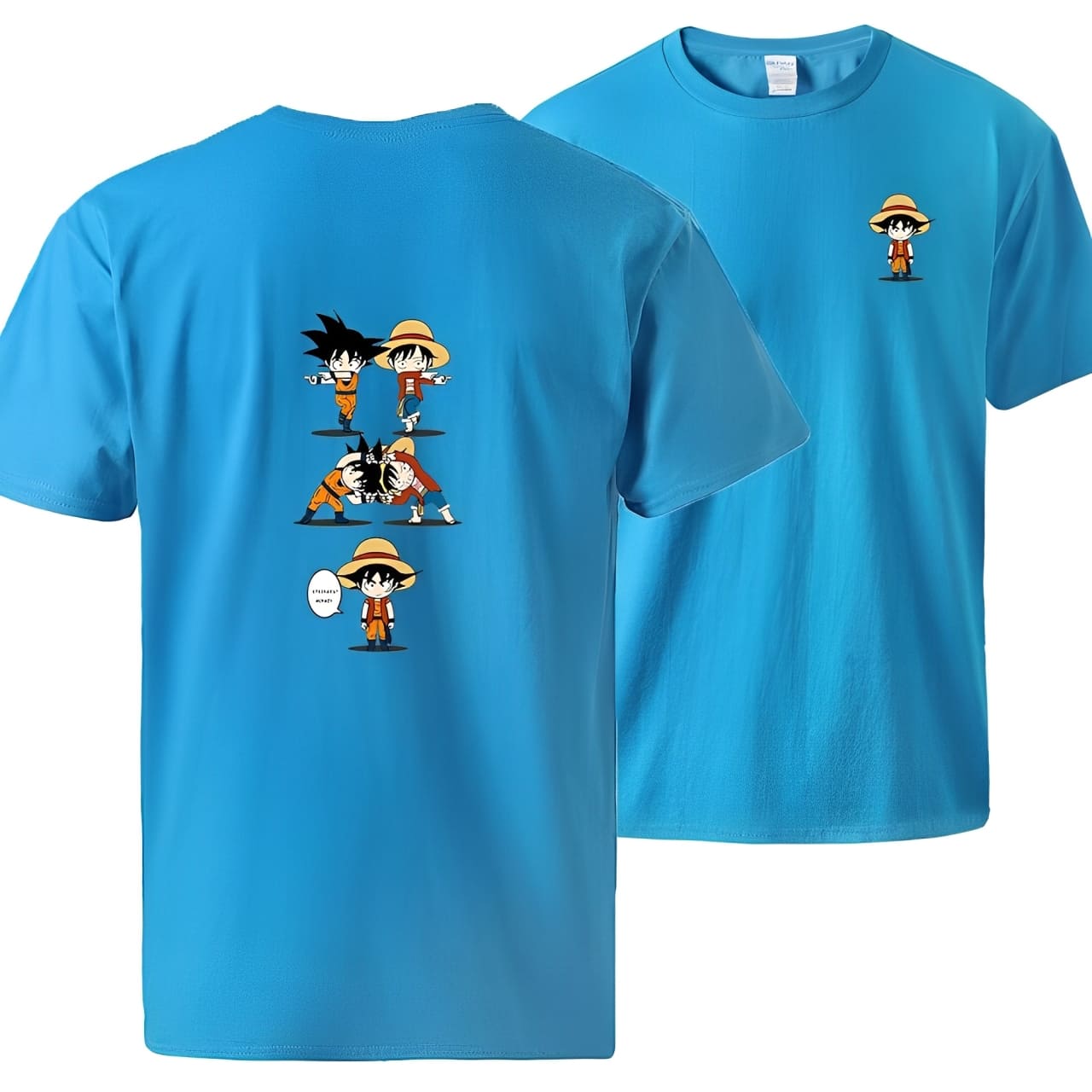 t shirt one piece luffy goku fusion bleu clair