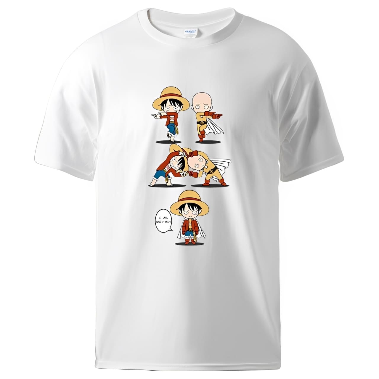 t shirt one piece luffy saitama fusion blanc