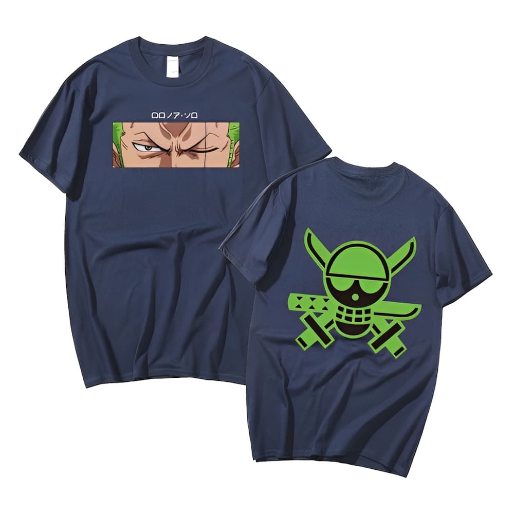 t shirt one piece pirate roronoa zoro bleu marine
