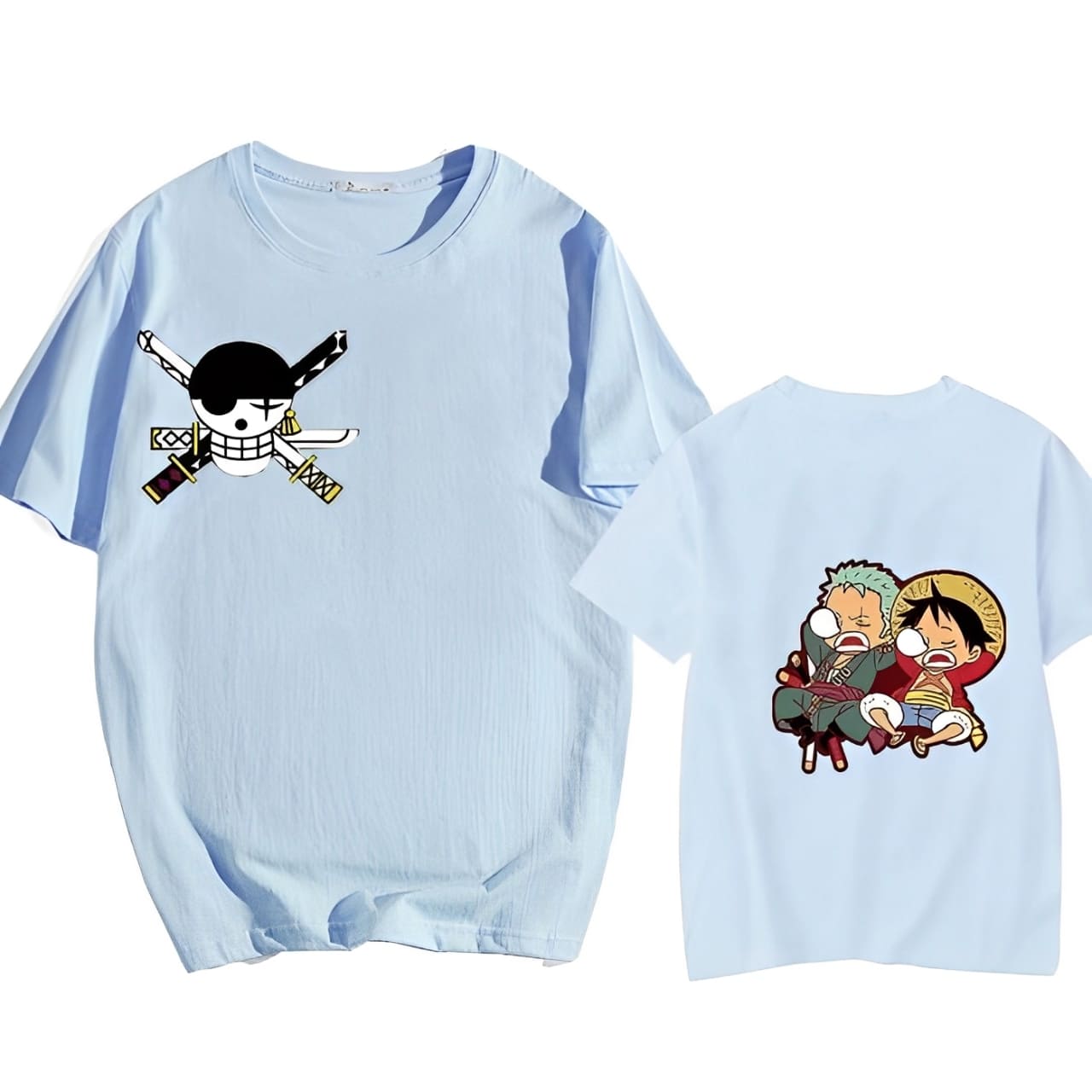tshirt one piece luffy zoro sleep bleu