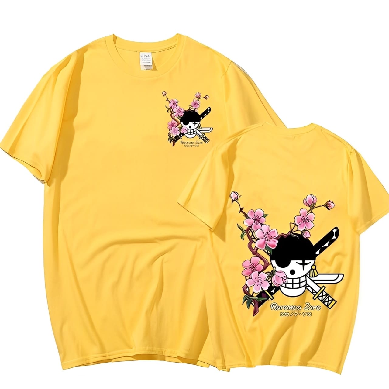 tshirt one piece zoro jolly roger flower jaune
