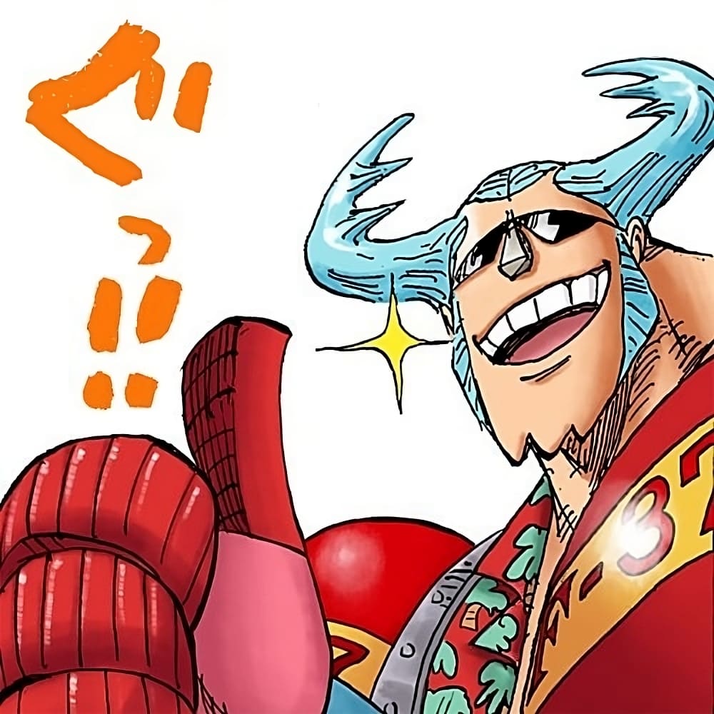 franky souriant dans sa tenue rouge dans one piece