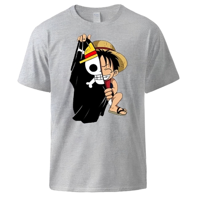 t shirt one piece monkey luffy flag gris
