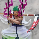 figurine-one-piece-zoro-wano-trois-sabres-effets-violets-zoom-buste-détail-hakama-blanc